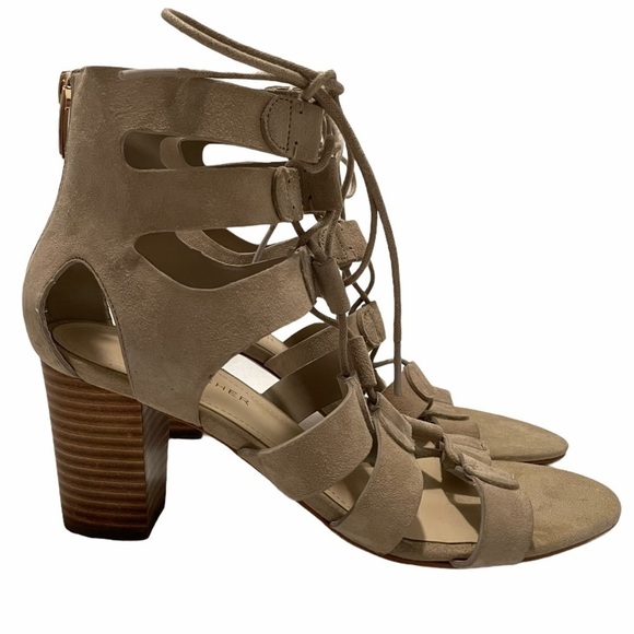 Marc Fisher Paradox Tan Suede Gladiator Lace Up Stacked Block Heel Pump Size 7.5 - Picture 2 of 13